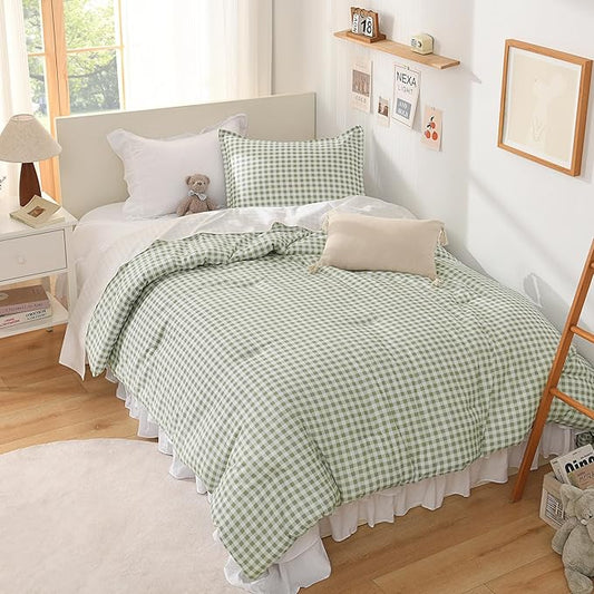 Andency Sage Gingham Comforter Set Twin(66x90Inch), Green Checkered Grid Plaid Buffalo Bed Set for Girls Boys Kids Teens, 2 Pieces Lightweight Microfiber Geometric Preppy Bedding