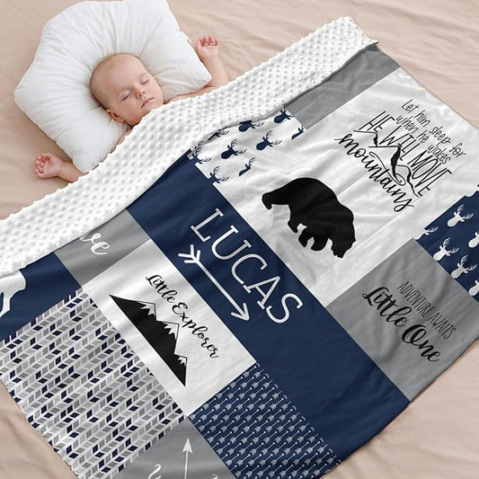 Personalized Baby Blanket, Blue Woodland Baby Blankets for Boys, Super Soft Nursery Blankets with Cotton Front and Dotted Fleece Backing, Printed Bed Throws Newborn
