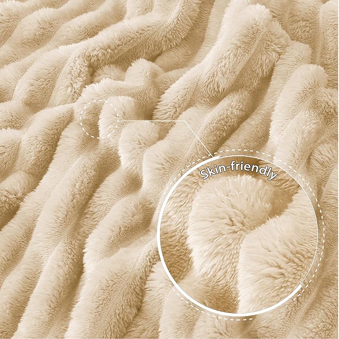 Exclusivo Mezcla King Size Flannel Fleece Blanket, Super Soft Striped Jacquard Bed Blanket, Lightweight Fuzzy Cozy for All Seasons, 90x104 Inches, Beige