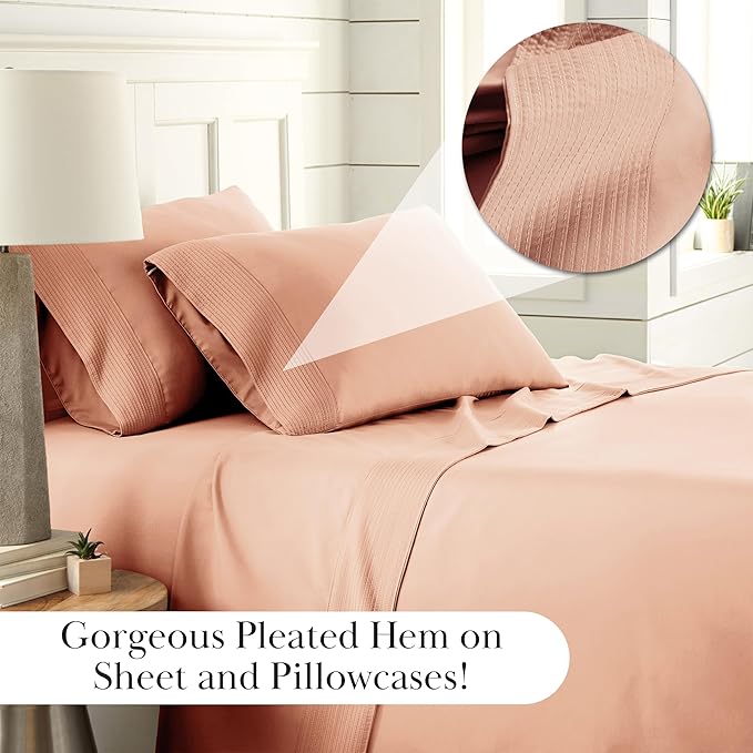 Southshore Fine Living, Inc. Pleated Hem, 4-Piece Full Sheet Set, 21-Inch Deep Pocket Bed Sheets Full Size Set, Machine Washable, Fitted Sheet, Oversized Flat, Pillow Cases Set of 2, Blush Sheets