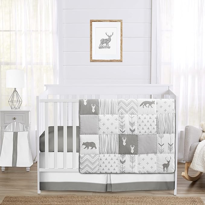 Sweet Jojo Designs Grey and White Woodsy Deer Boy, Girl, Unisex Baby Crib Bedding Set 4 Pieces