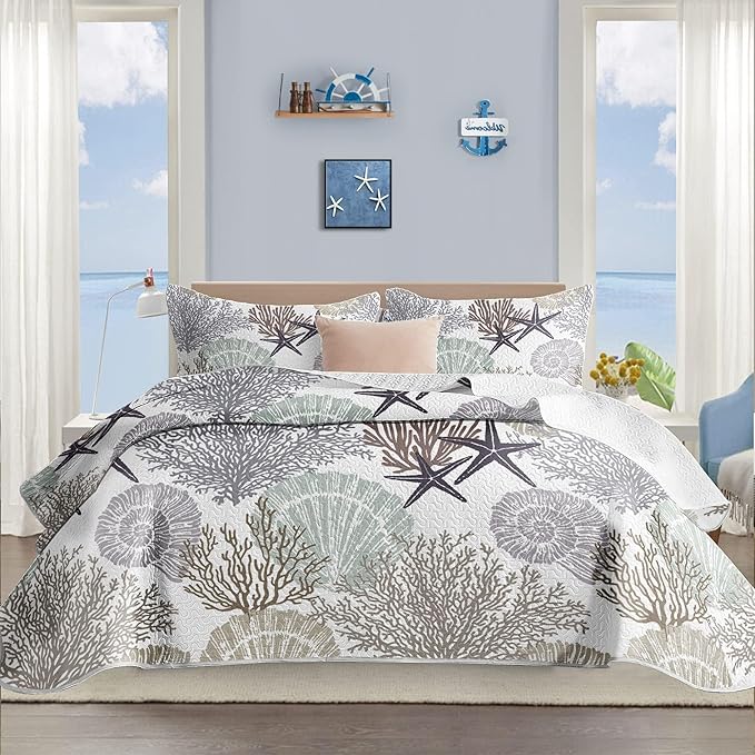 Tritard 3 Piece Coastal Quilt Sets King Size - Reversible Microfiber Quilts with 2 Shams Soft Lightweight Beach Bedding Nautical Bedspread Coverlet Summer Comforter Set for All Season, 106''x96'', C2