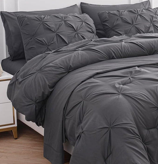 LANE LINEN Full Size Comforter - Set of 7 Piece - Elegant Pintuck Detailing - Complete Bed in a Bag Collection - Very-Soft Microfiber Bedding Set - Petfect Fit, Low Maintenance Bedding Solution – Grey | Soft microfiber, Even fit drape, Low maintenance,...