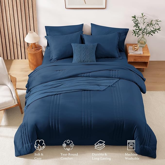 Monbix Full Size Comforter Set - 7 Pieces Serenity Blue Bed in a Bag, Full Size Bedding Sets with Comforters, All Seasons Comforter with Sheets,Pillowcases & Shams