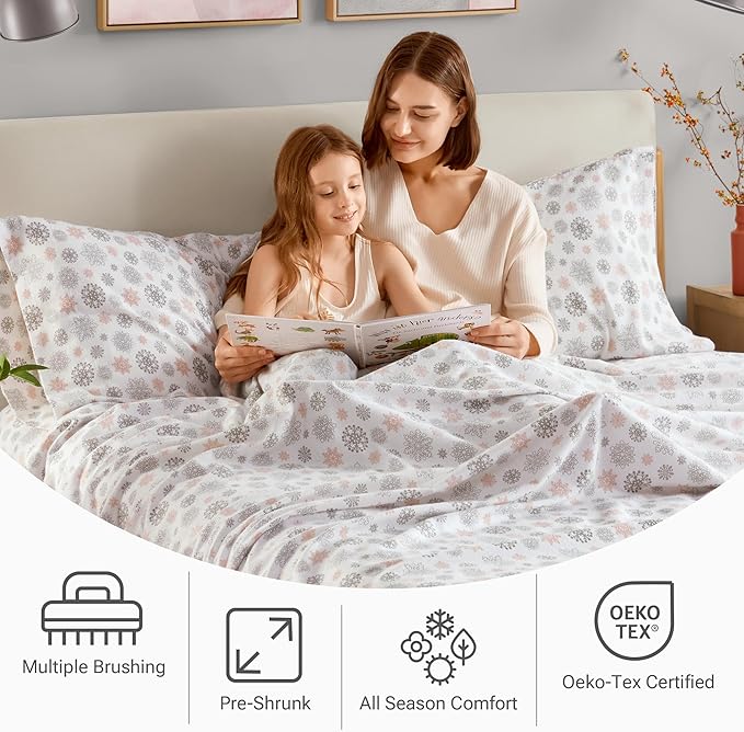 True North by Sleep Philosophy Cozy Flannel Warm 100% Cotton Sheet - Novelty Print Animals Stars Cute Ultra Soft Cold Weather Bedding Set, Queen, Pink/Grey Snowflakes 4 Piece