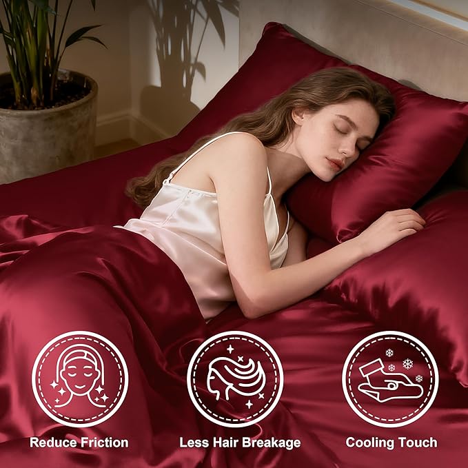 Love's cabin 4Piece California King Satin Bed Linen Set, Burgundy Silky Satin Sheets, Deep Pocket, Luxury Silk Feel, 1 Flat, 1 Fitted Sheet, 2 Pillow Cases