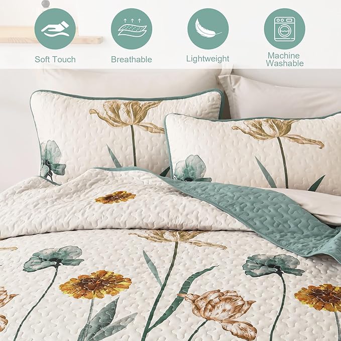 WONGS BEDDING Floral Quilt Set Queen,Green Yellow Floral Botanical Bedspread Bedding Set with 2 Pillowcase,Lightweight Spring Farmhouse Coverlet Set for All Season (96"x90")