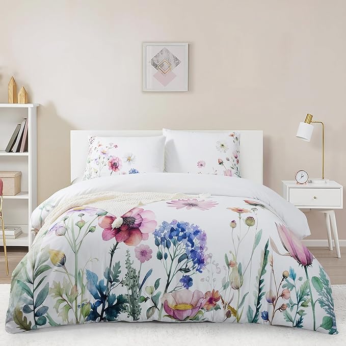 Style Quarters Duvet Cover Queen-100% Washed Microfiber Duvet Cover Set with Zipper Corner Ties 3PCS Meadow-Floral Bedding Set Includes 1 Duvet Cover and 2 Pillowcases Soft Queen Comforter Cover