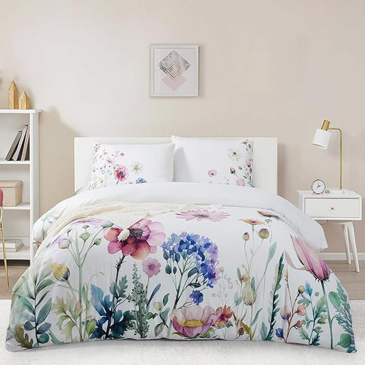 Style Quarters Duvet Cover Queen-100% Washed Microfiber Duvet Cover Set with Zipper Corner Ties 3PCS Meadow-Floral Bedding Set Includes 1 Duvet Cover and 2 Pillowcases Soft Queen Comforter Cover