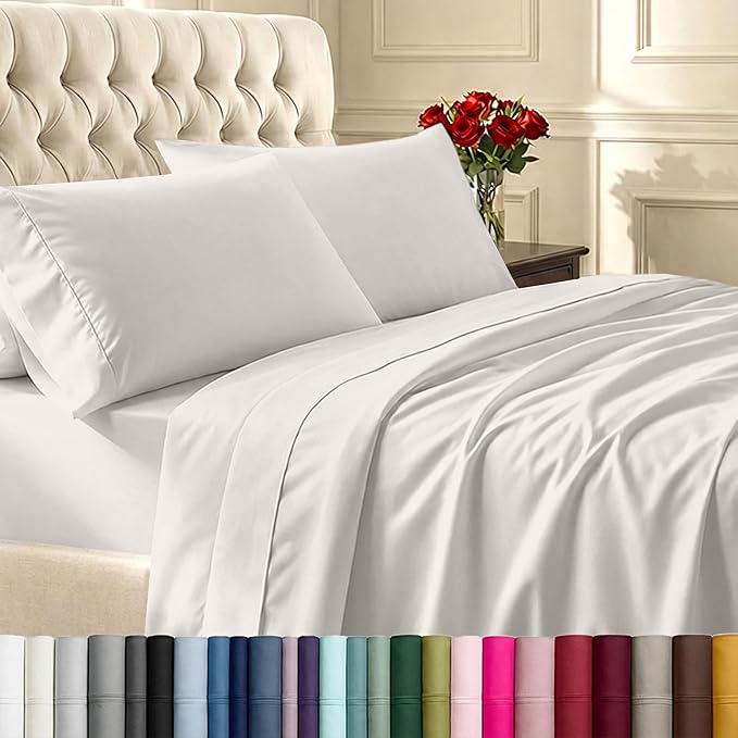 California Design Den King Bed Sheets Set - Soft 400 Thread Count Sateen, Natural 100% Cotton Sheets, Deep Pockets, All Around Elastic for a Snug Fit, Durable Bedding Set - Ivory (Pale Tone)
