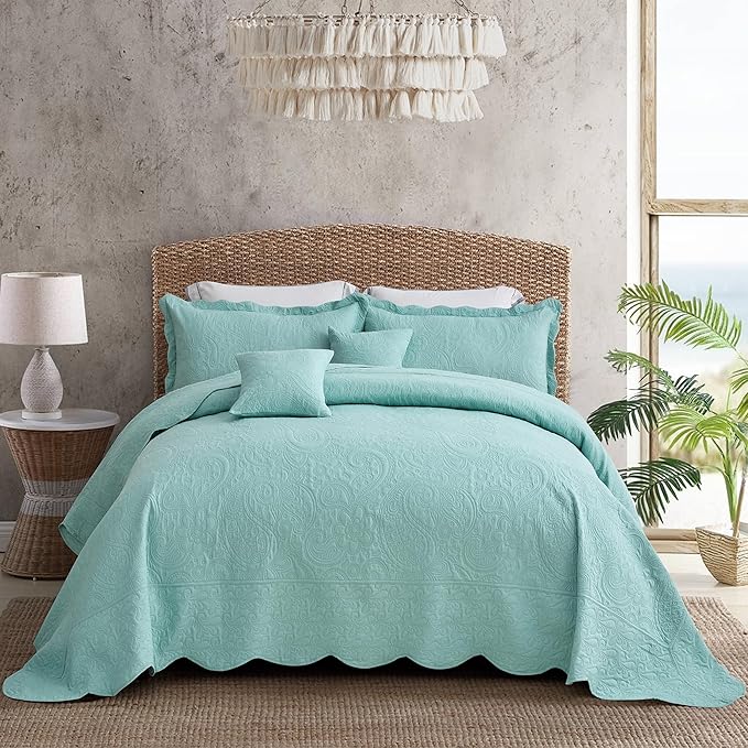 Oversized King Bedspread 128x120 Extra Wide, Ultrasonic Lightweight Bedding Cover, Paisley Pattern, Reversible, 5 Piece, 100% Microfiber, Seaglass