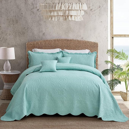 Oversized King Bedspread 128x120 Extra Wide, Ultrasonic Lightweight Bedding Cover, Paisley Pattern, Reversible, 5 Piece, 100% Microfiber, Seaglass