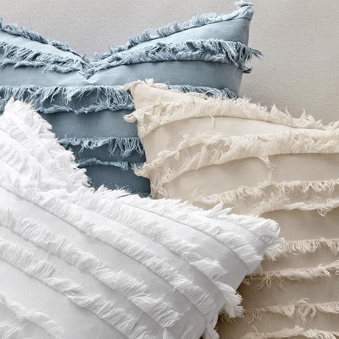 MIULEE Decorative Boho Throw Pillow Covers Set of 2 Blue Grey Linen Striped Jacquard Pattern Farmhouse Coastal Cushion Covers for Sofa Couch Living Room Bedroom 18x18 Inch Home Decor