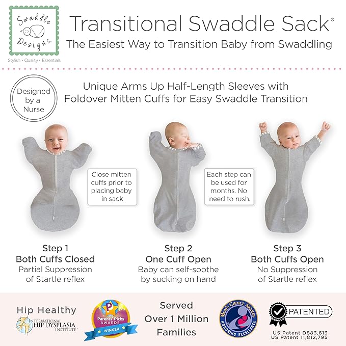 SwaddleDesigns Transitional Swaddle Sack, Arms Up Half-Length Sleeves & Mitten Cuffs, Swaddle for Newborn Transition to Baby Sleep Sack Wearable Blanket, 3-6 Month, 14-21 lb, Gray with Striped Trim