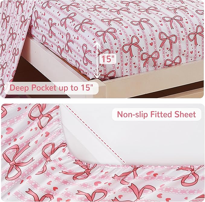 Viviland Kids Twin Bedding Sets for Girls, Soft Twin Comforter Set with Sheets, 5 Pieces Microfiber Bed in a Bag, Pink Bow