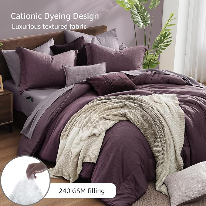 Monbix Super King Plus Size Comforter Set, Italian Plum Bedding Set Reversible, Comforter Set 7 Pieces, Cationic Dyeing Bed in a Bag with Comforter, Sheets, Pillowcases & Shams