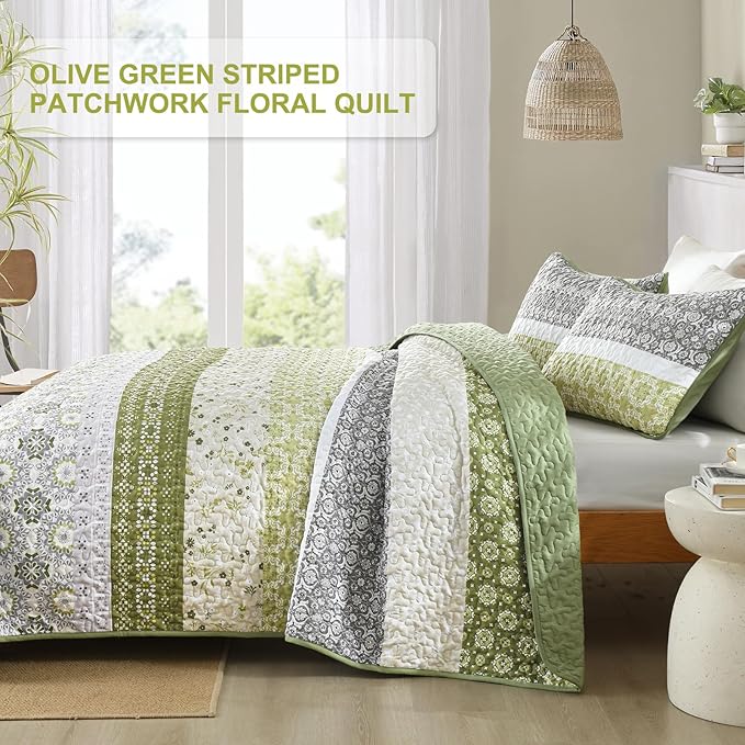 WONGS BEDDING Boho Quilt Set Full Size,Olive Green Bohemian Striped Patchwork Bedspread Coverlet Set,3 Pieces Microfiber Bedding Set for All Seasons (78"x90")