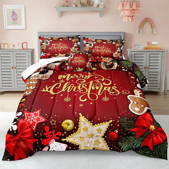 Bedbay Merry Christmas Bedding Queen Comforter Set Red Chritsmas Quilt Set Lightweight Down Comforter 4 Pcs Xmas Festival Theme Bedding Set 1 Comforter 2 Pillowcases 1 Cushion Cover(Red,Queen)