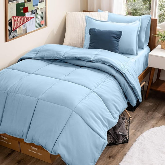 Bare Home Bed-in-A-Bag 5 Piece Comforter & Sheet Set - Twin - Goose Down Alternative - Ultra-Soft 1800 Premium Bed Set (Twin, Light Blue/Light Blue)