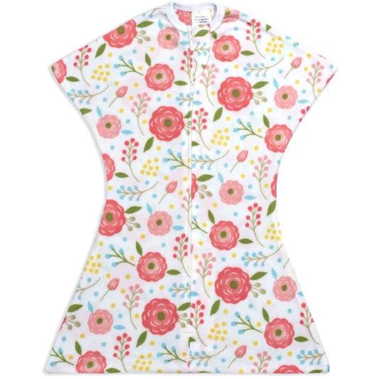 SleepingBaby Zipadee-Zip Transition Swaddle - Cozy Fleece Wearable Blanket with Two-Way Zipper for Baby Sleep - Pretty Poppy, Medium (6-12 Month)