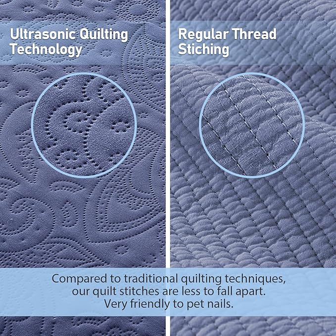 Qucover Oversized King Bedspreads, 3 Piece Soft Microfiber Lightweight Oversized King Quilt 128x120, Elegant Paisley Ultrasonic California King Bedspread Bedding Coverlets, Navy Blue