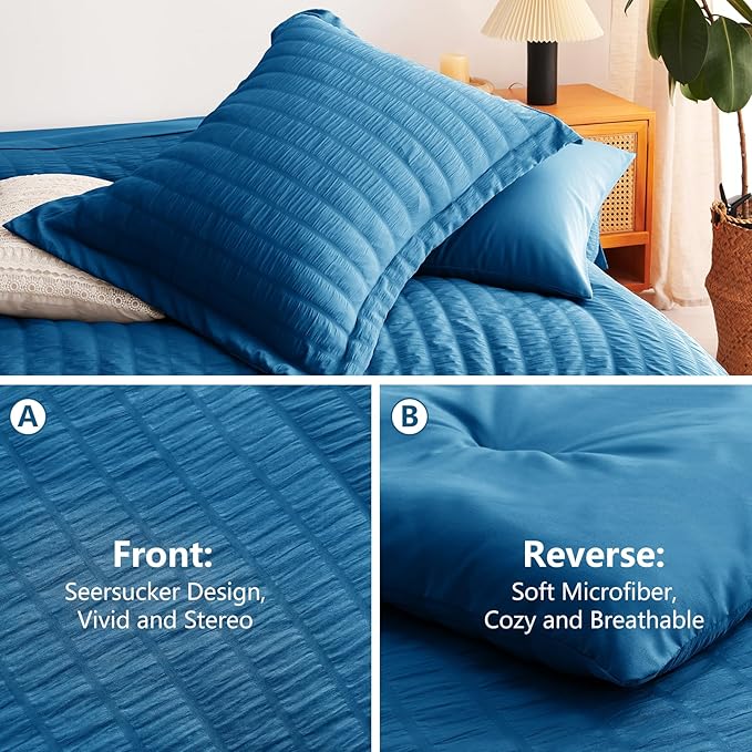 CozyLux King Seersucker Comforter Set with Teal Bed in a Bag 7-Piece All Season Bedding Set with Comforter, Pillow Sham, Flat Sheet, Fitted Sheet, Pillowcase