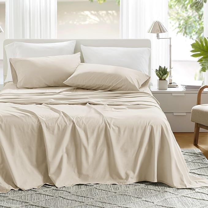 Comfort Spaces 100% Cotton Sheets King, Breathable & Ultra Soft Cotton Sheets, Naturally Cool Cotton Bed Sheets with 14" Elastic Pocket Fits up to 16" Mattress, All Seasons Sheet Set, Cream 4 Piece