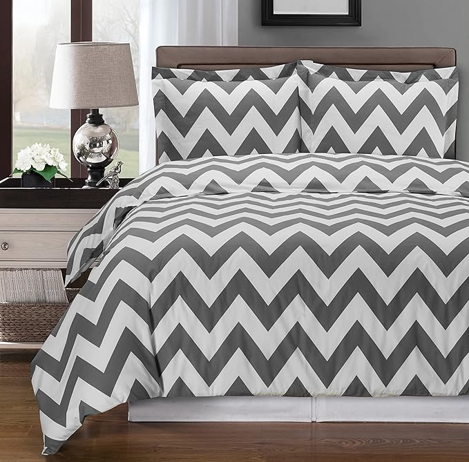 Royal Hotel Bedding Gray and White Chevron 4 Piece Full/Queen Comforter Set 100% Cotton 300 Thread Count