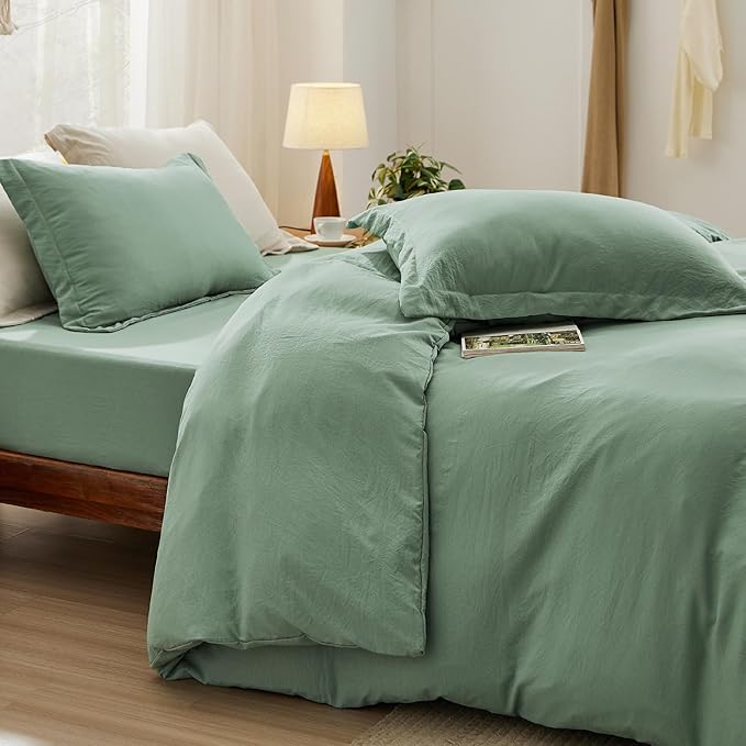 Bedsure Duvet Cover Full Size with Fitted Sheet - 4 Pieces Prewashed Cotton-Like Polyester Extra Soft Bedding Set, Includes 1 Duvet Cover 80x90 Inches, 2 Pillow Shams, 1 Fitted Sheet, Sage Green