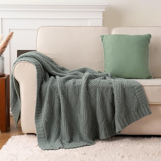 Battilo Sage Green Diamond Knit Throw Blanket for Couch and Bed, Soft Textured Chenille Blanket, Cozy Lightweight Decorative Blanket for Sofa, 50"x60"