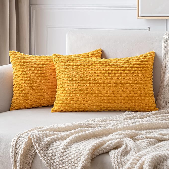 MIULEE Pack of 2 Decorative Lumbar Throw Pillow Covers 12x20 Inch Soft Boho Striped Textured Corduroy Pillow Covers Modern Farmhouse Home Decor for Couch Bed Sofa Living Room Golden Yellow
