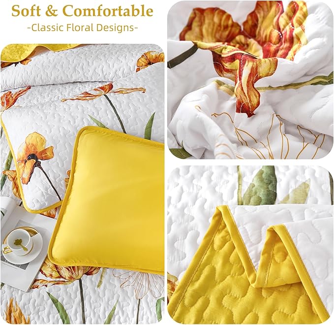 WONGS BEDDING Yellow Quilt Set King Size, Colorful Floral Quilt Set with 2 Pillowcase, Lightweight Spring Summer Farmhouse Coverlet Set for All Season (104"x90")