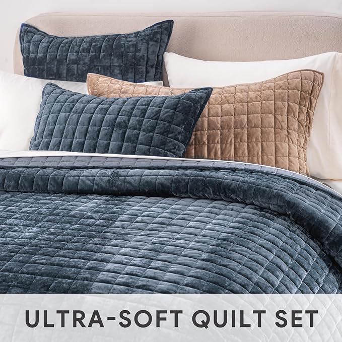 RECYCO Luxury Velvet Quilt Set, California King 118'' x 106'' Oversized Bedspread, Ultra Soft Velvet Comforter, Lightweight Box Stitch Bedding Sets for All Season, with 2 Shams, Stormy Blue