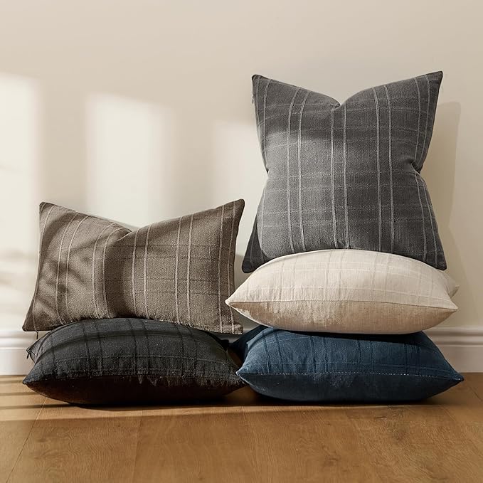 MIULEE Decorative Linen Check Lumar Throw Pillow Covers Neutral Farmhouse Vintage Pillow Covers 22x22 Inch Set of 2 Boho Modern Home Decor for Sofa Couch Bedroom Cushion Chair Charcoal Gray