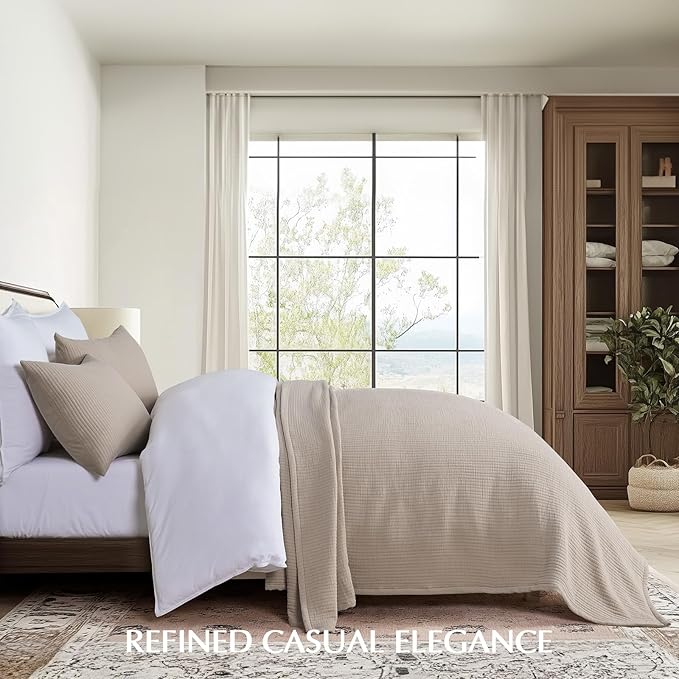 EVERGRACEHOME Cotton Gauze King Bedspread, Ultra Soft Prewashed Pick Stitch Matelassé Coverlet, Lightweight Textured Oversized King Quilt Bedding Set for All Season, with 2 Shams, Khaki Tan