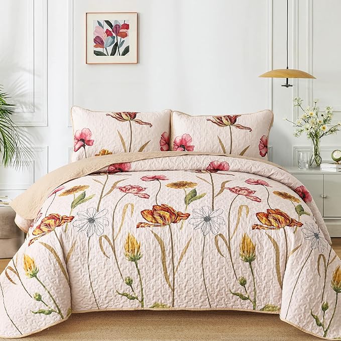 WONGS BEDDING Floral Quilt Set King Size, 3 Pieces Beige Farmhouse Bedspread Bedding Sets,Soft Lightweight Microfiber Spring Flower Coverlet Set for All Season (104"x90")