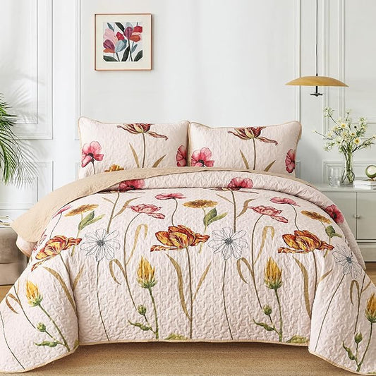WONGS BEDDING Floral Quilt Set King Size, 3 Pieces Beige Farmhouse Bedspread Bedding Sets,Soft Lightweight Microfiber Spring Flower Coverlet Set for All Season (104"x90")
