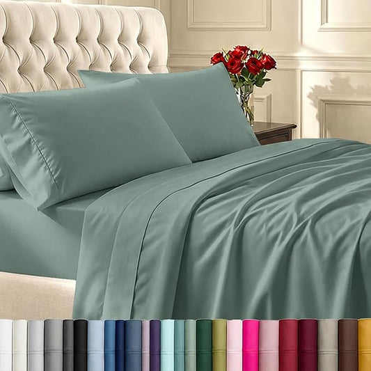 California Design Den Queen Sheet Set - Soft 400 Thread Count Sateen, Natural 100% Cotton Sheets, Deep Pockets with All Around Elastic for a Snug Fit, Durable Bedding Set - Sage Green