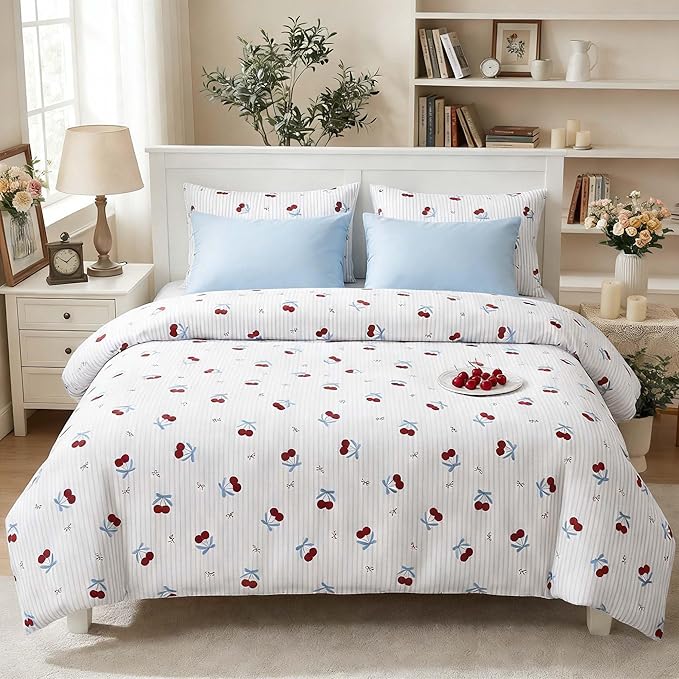 Nayoroom Blue Striped Bow Duvet Cover Queen Size Red Cherry Duvet Cover 3 Pieces Soft Lightweight Microfiber Girls Cute Aesthetic Dorm Bedding Set with Zipper Closure