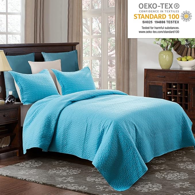 JML Quilts Set, Bedspread Coverlet Set with Pillowcases - 3 Piece Soft and Lightweight Bed Quilt for Spring, Autumn and Summer (Embossed Stripe - Turquoise, Full/Queen(88"x92"))