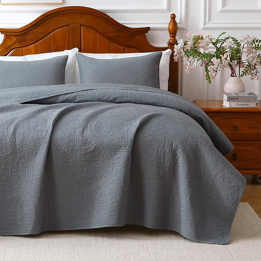 Gray 100% Cotton Queen Quilt Set, 3 Piece Modern Textured Bedspread with Coin Pattern, Lightweight Crinkly Coverlet Sham Set, Soft Minimalist All Season Bedding, Garment-Washed