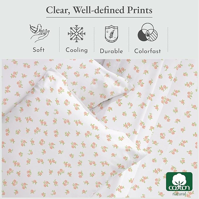 California Design Den Floral Sheet Set Twin XL, 100% Cotton Sheets, 12" Pocket Twin XL Sheets & Pillowcase Set, Soft Sateen Weave - Chic Floral