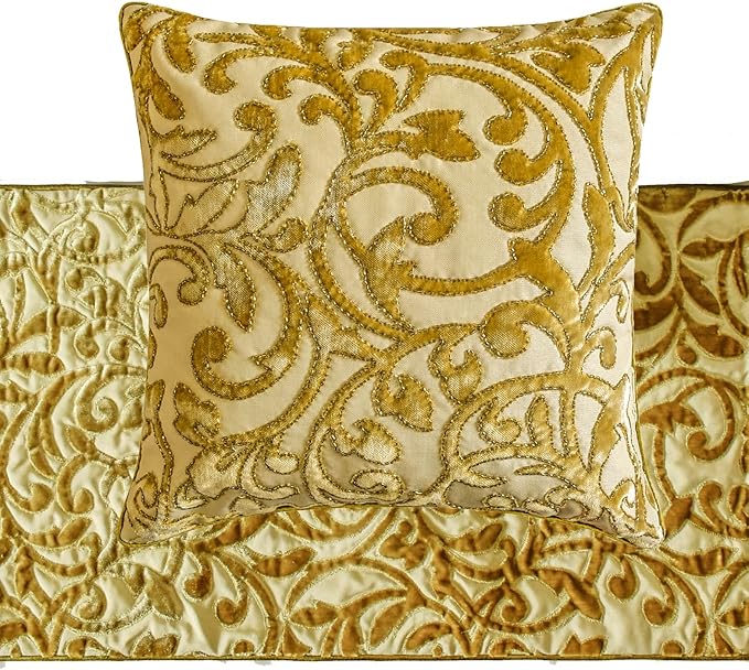 The HomeCentric King/Queen/Twin Beige Gold Decorative Bed Runner Queen 74"x18" Bed Runner with Two Pillow Cover, Cut Velvet, Beaded Bed Scarf on Velvet Fabric - Serene Symphony
