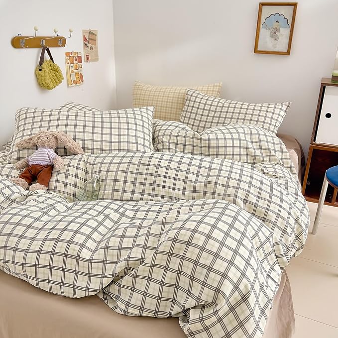 VM VOUGEMARKET Soft Muslin Cotton Duvet Cover Set King Grey White Plaid Checkered Bedding Set Linen Cotton Textured Breathable Comfy Duvet Cover with Zipper Closure