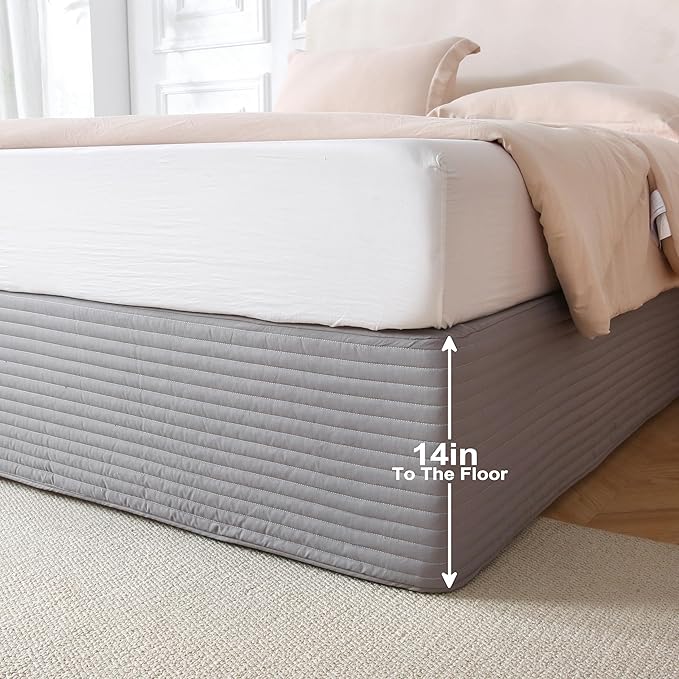 Queen Size Gray Bed Skirt with 14-Inch Drop, Easy Fit Wrap-Around Cover for Bed, Wrinkle-Free and Fade-Resistant Box Spring Cover.(Gray Stripes, Queen)