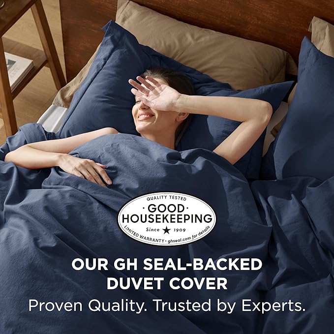 Bedsure 100% Washed Cotton Duvet Cover Oversized King Size - Navy Minimalist Cotton Duvet Cover Linen Like for All Seasons - GentleSoft™ Plain Simple Bedding (Navy, Oversized King, 120"x98")