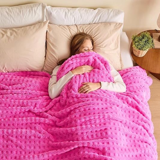 NEWCOSPLAY Super Soft King Blanket Pink Premium Silky Flannel Fleece 3D Waffle Checkered Lightweight Bed Blanket All Season Use (Hot Pink, King(90"x110"))
