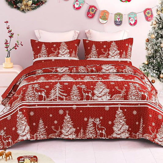 Exclusivo Mezcla Reversible Christmas Quilts King Size, Red Bedspread Lightweight Coverlet Winter Quilt Bedding Set with Printed Striped Trees Snowflakes Pattern (1 Quilt, 2 Pillow Shams)