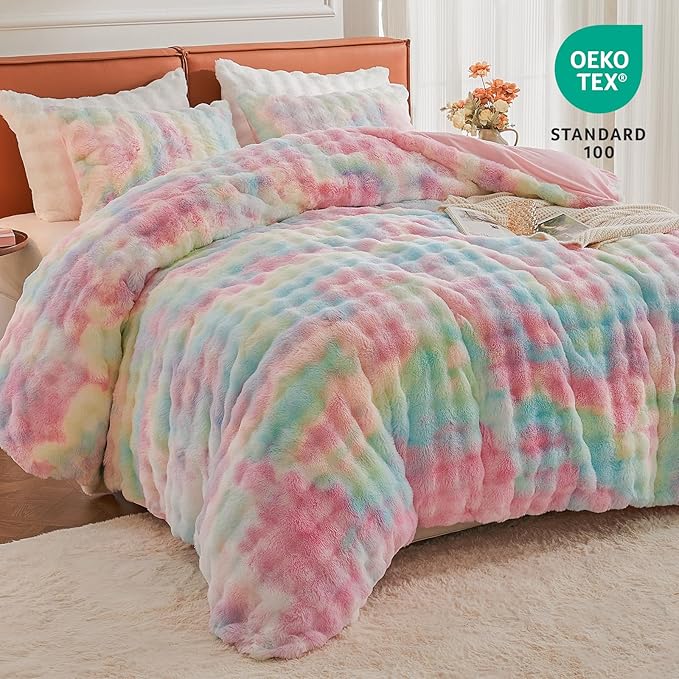 EMME Faux Fur Duvet Cover King Size, 3 Pieces Ultra Soft Fluffy Comforter Cover, Cozy Warm for Winter, Luxury Elegant Shaggy Bubble Design Bedding, 1 Duvet Cover & 2 Pillow Shams (King, Rainbow)