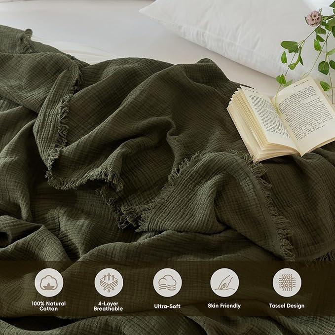 MooMee Muslin Blanket - 100% Cotton 4-Layer Gauze Throw Blanket with All-Around Fringe, Ultra-Soft Breathable Lightweight Cooling Decorative for Bed, Sofa & Couch (Olive Green,Super King 108" x 98")